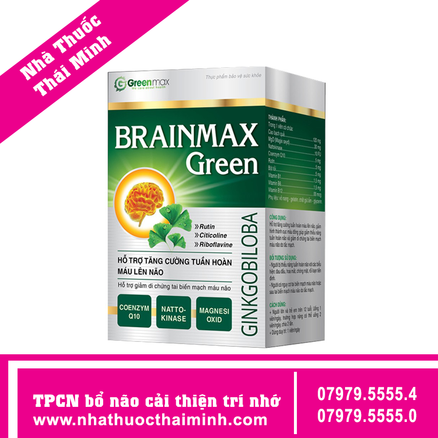 Brainmax Green - Hỗ trợ tăng cường tuần hoàn não, giúp giảm các biểu hiện do thiểu năng tuần hoàn não